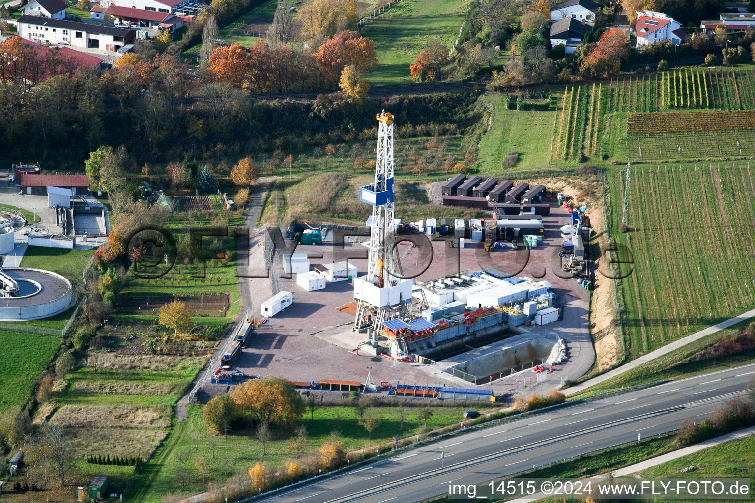 Aerial photograpy of Geothermal drilling in Insheim in the state Rhineland-Palatinate, Germany