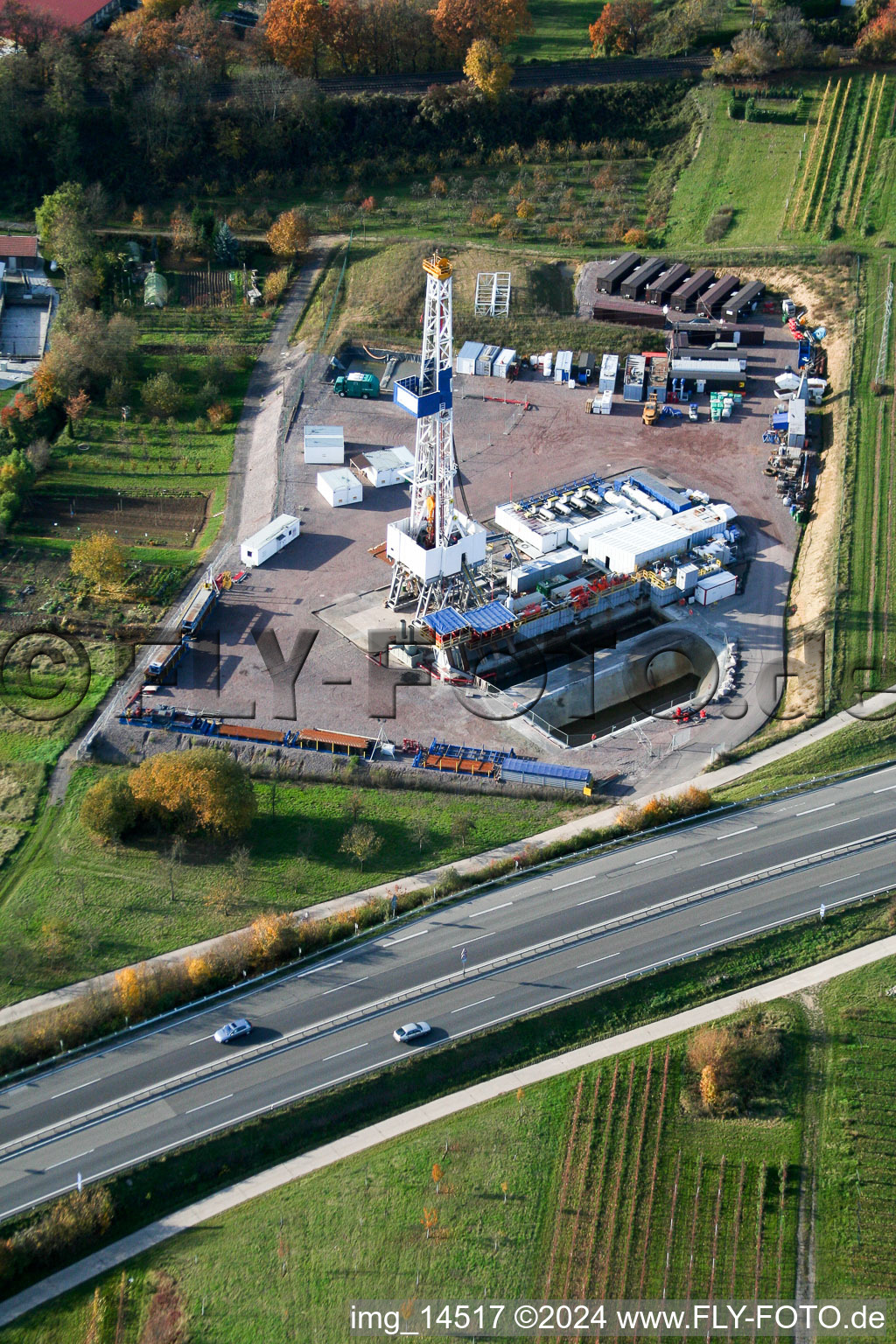 Oblique view of Geothermal drilling in Insheim in the state Rhineland-Palatinate, Germany