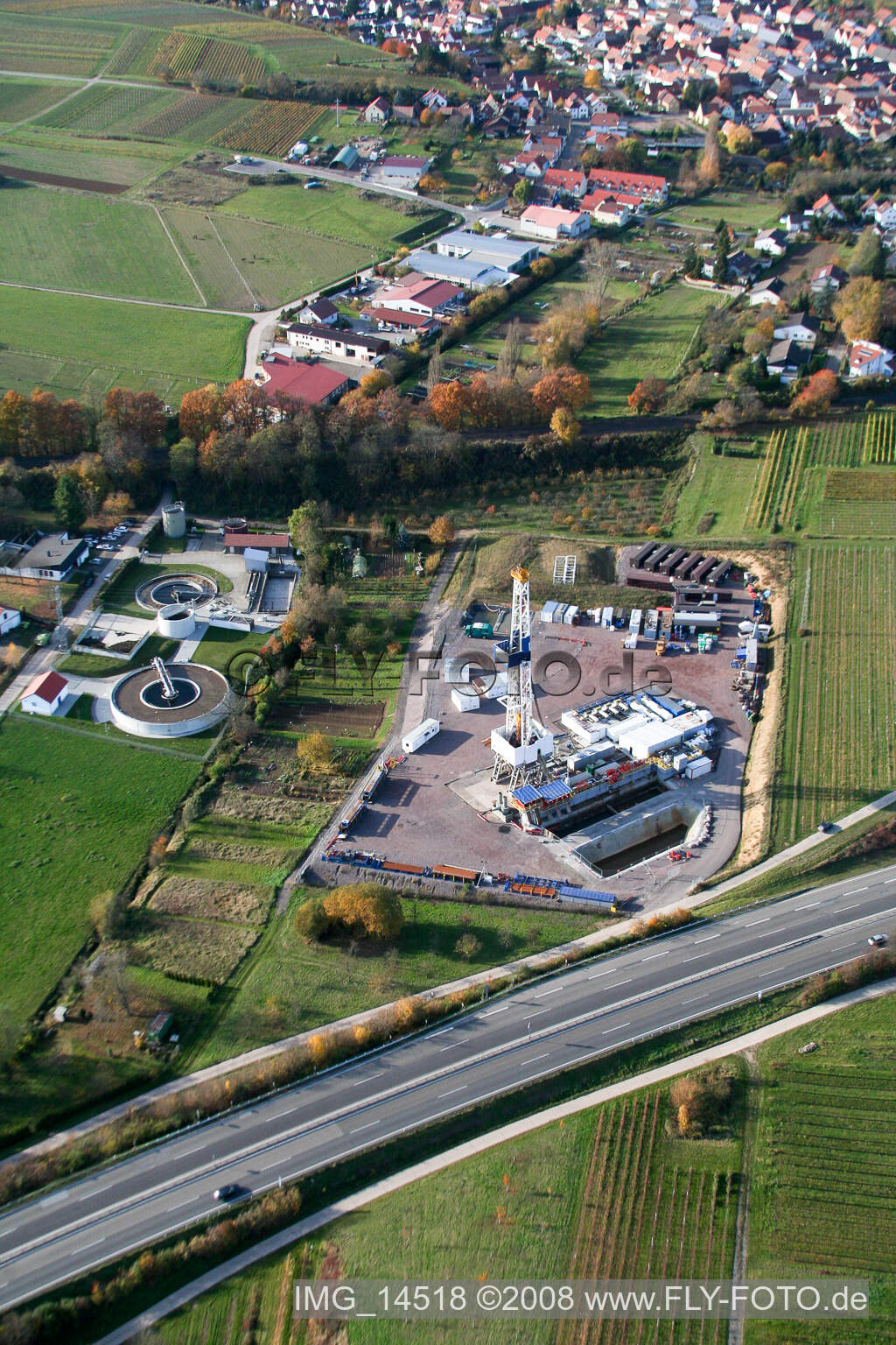 Geothermal drilling in Insheim in the state Rhineland-Palatinate, Germany from above