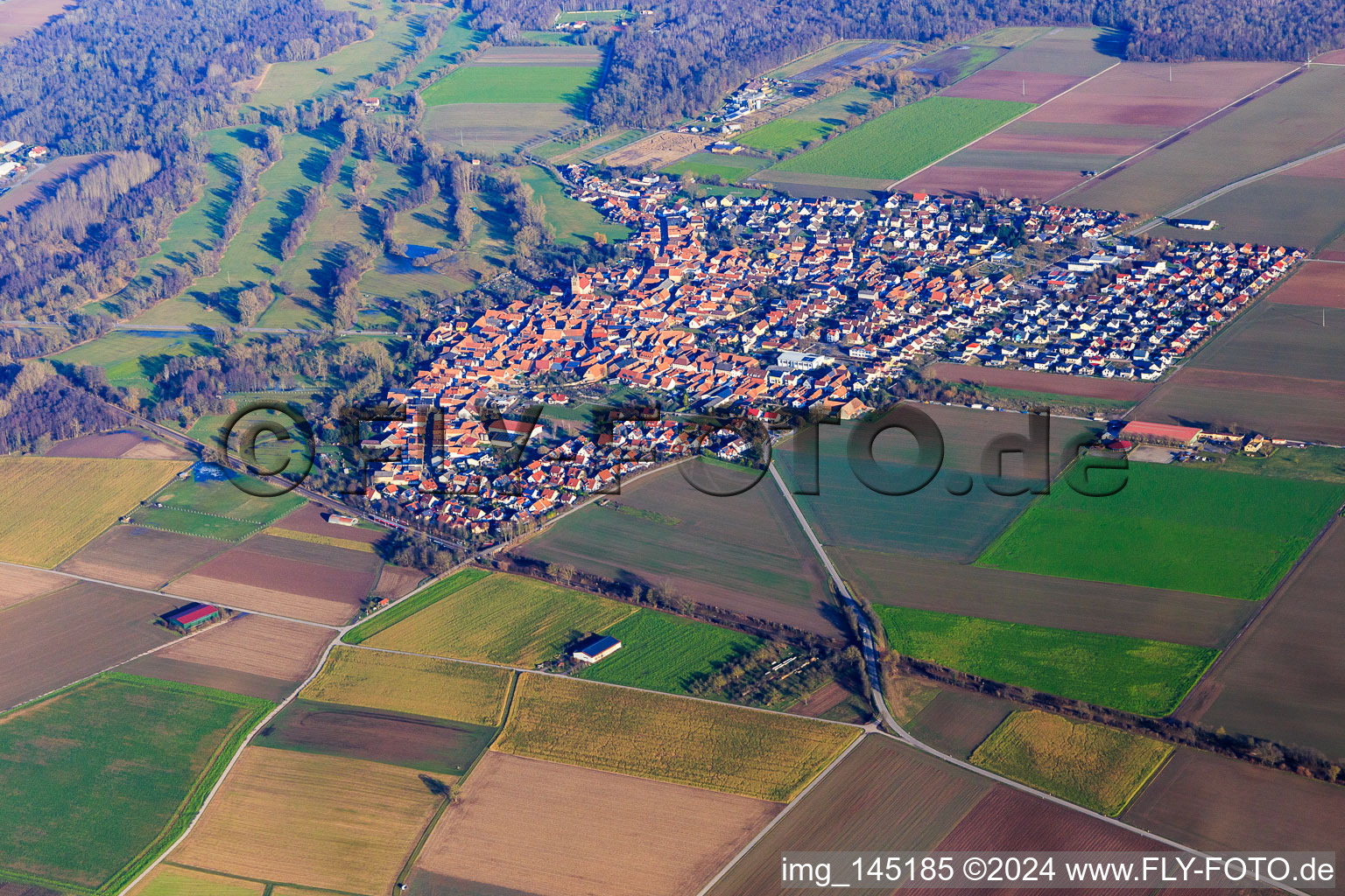 Aerial view of View of the town from the southwest in Steinweiler in the state Rhineland-Palatinate, Germany