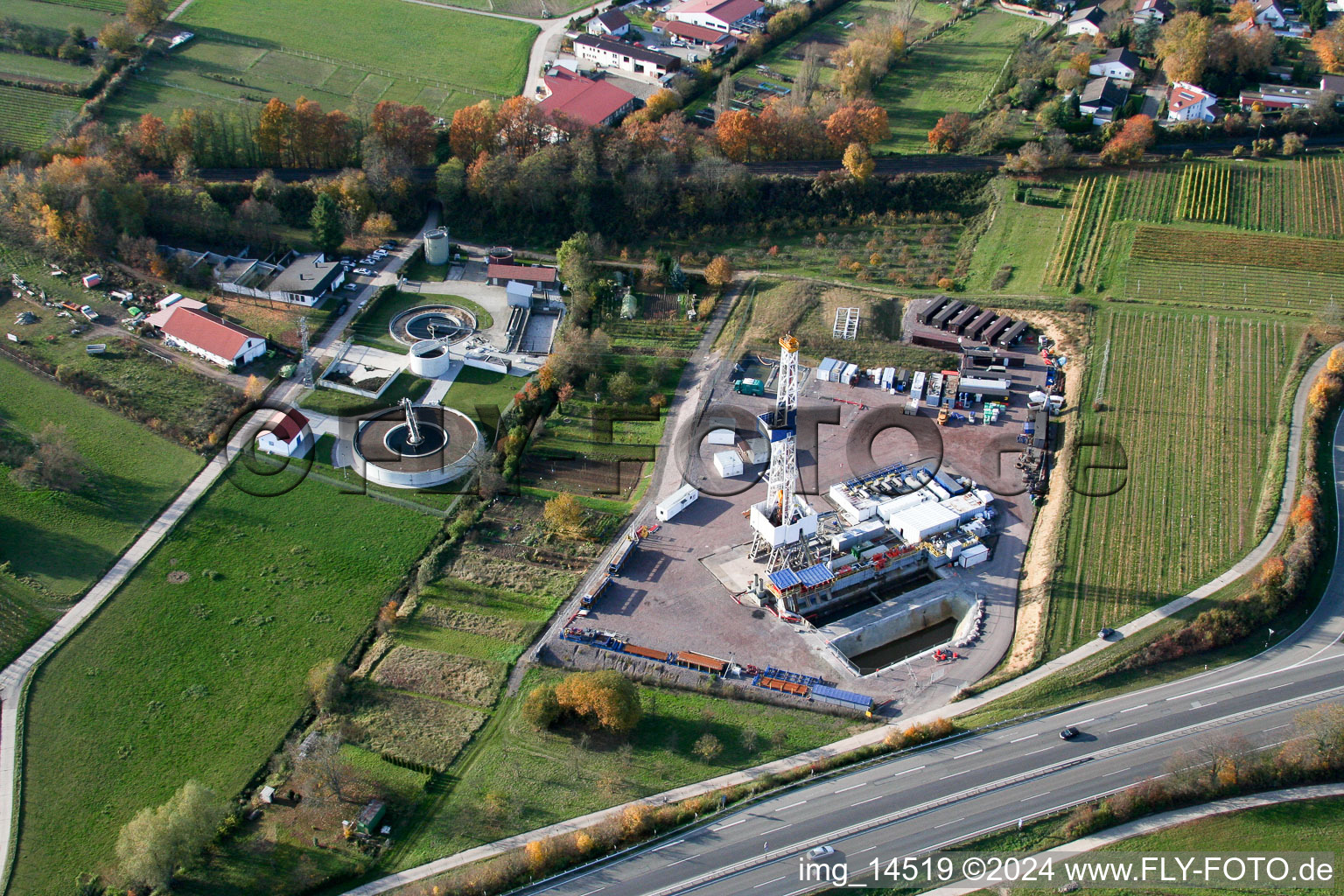 Geothermal drilling in Insheim in the state Rhineland-Palatinate, Germany out of the air