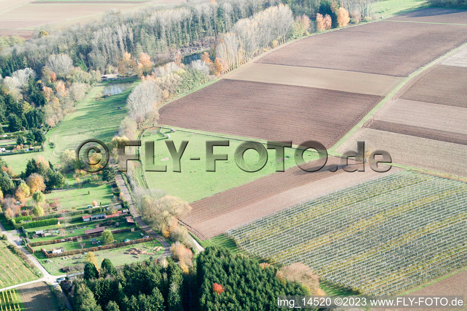 At the fisherman's hut in Insheim in the state Rhineland-Palatinate, Germany seen from above