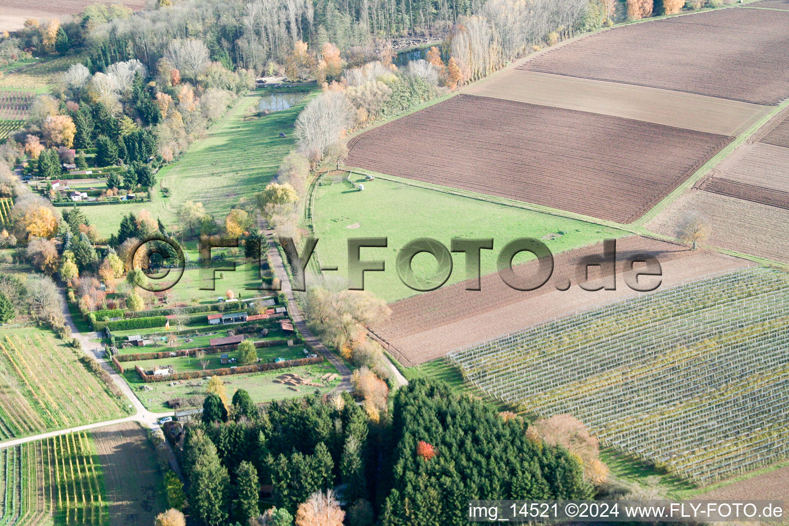 At the fisherman's hut in Insheim in the state Rhineland-Palatinate, Germany from the plane