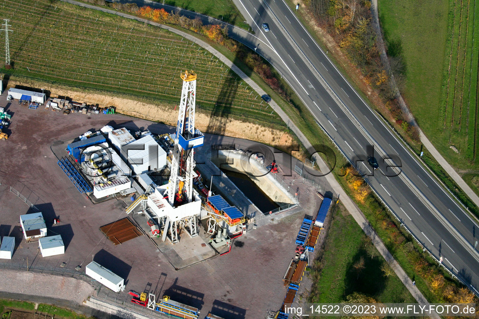 Geothermal drilling in Insheim in the state Rhineland-Palatinate, Germany seen from above