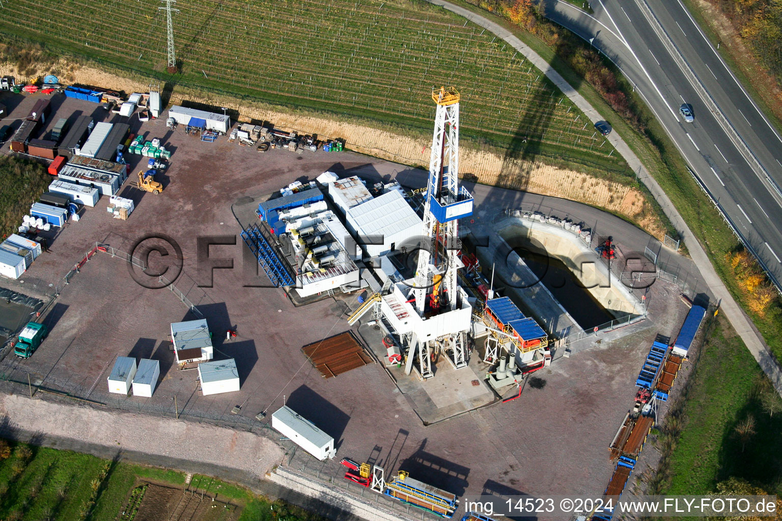 Aerial view of Test drilling for geo thermal power station in Insheim in the state Rhineland-Palatinate