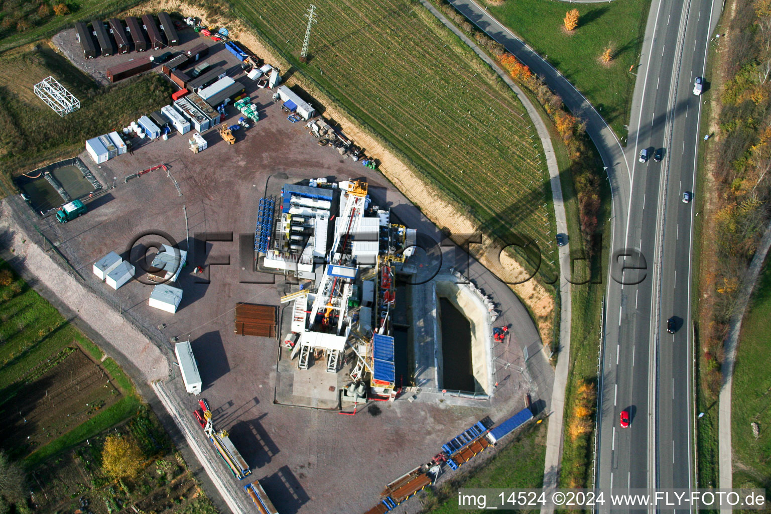 Geothermal drilling in Insheim in the state Rhineland-Palatinate, Germany from the plane