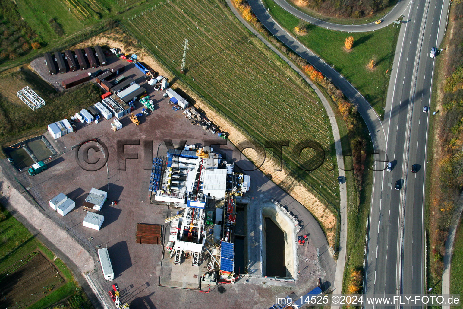 Bird's eye view of Geothermal drilling in Insheim in the state Rhineland-Palatinate, Germany