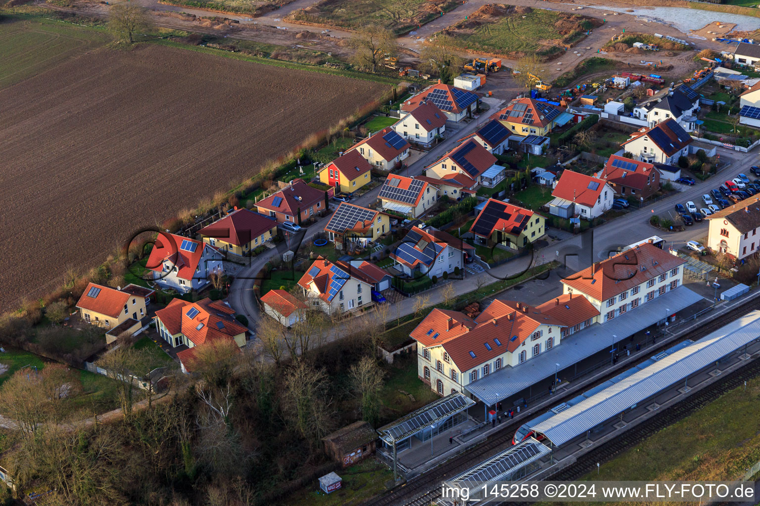 Aerial view of Bahnhofstraße and Am Bahnhof in Winden in the state Rhineland-Palatinate, Germany