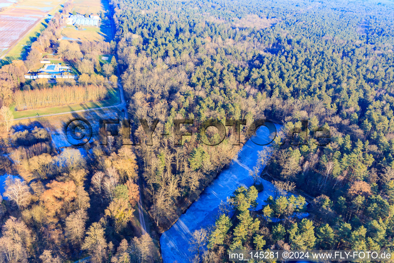 Aerial photograpy of Frozen fish ponds on the edge of the Bienwald in Steinfeld in the state Rhineland-Palatinate, Germany