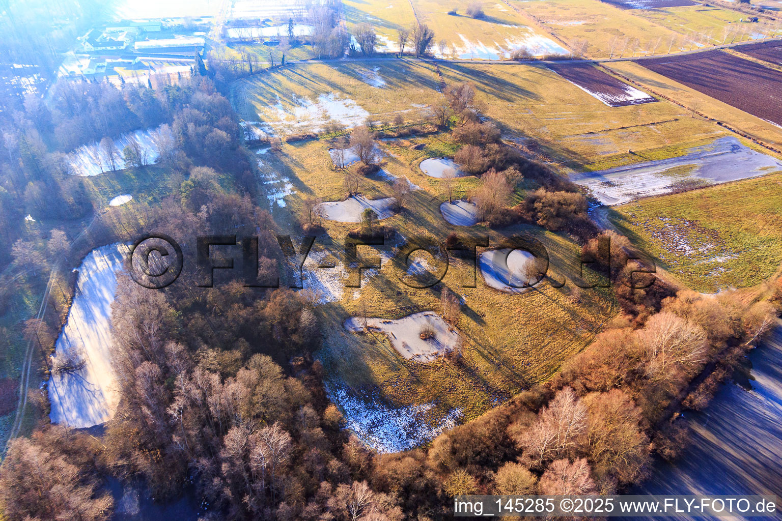 Oblique view of Frozen fish ponds on the edge of the Bienwald in Steinfeld in the state Rhineland-Palatinate, Germany