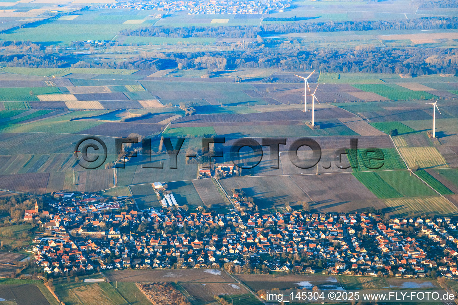 Wind farm in winter in Minfeld in the state Rhineland-Palatinate, Germany