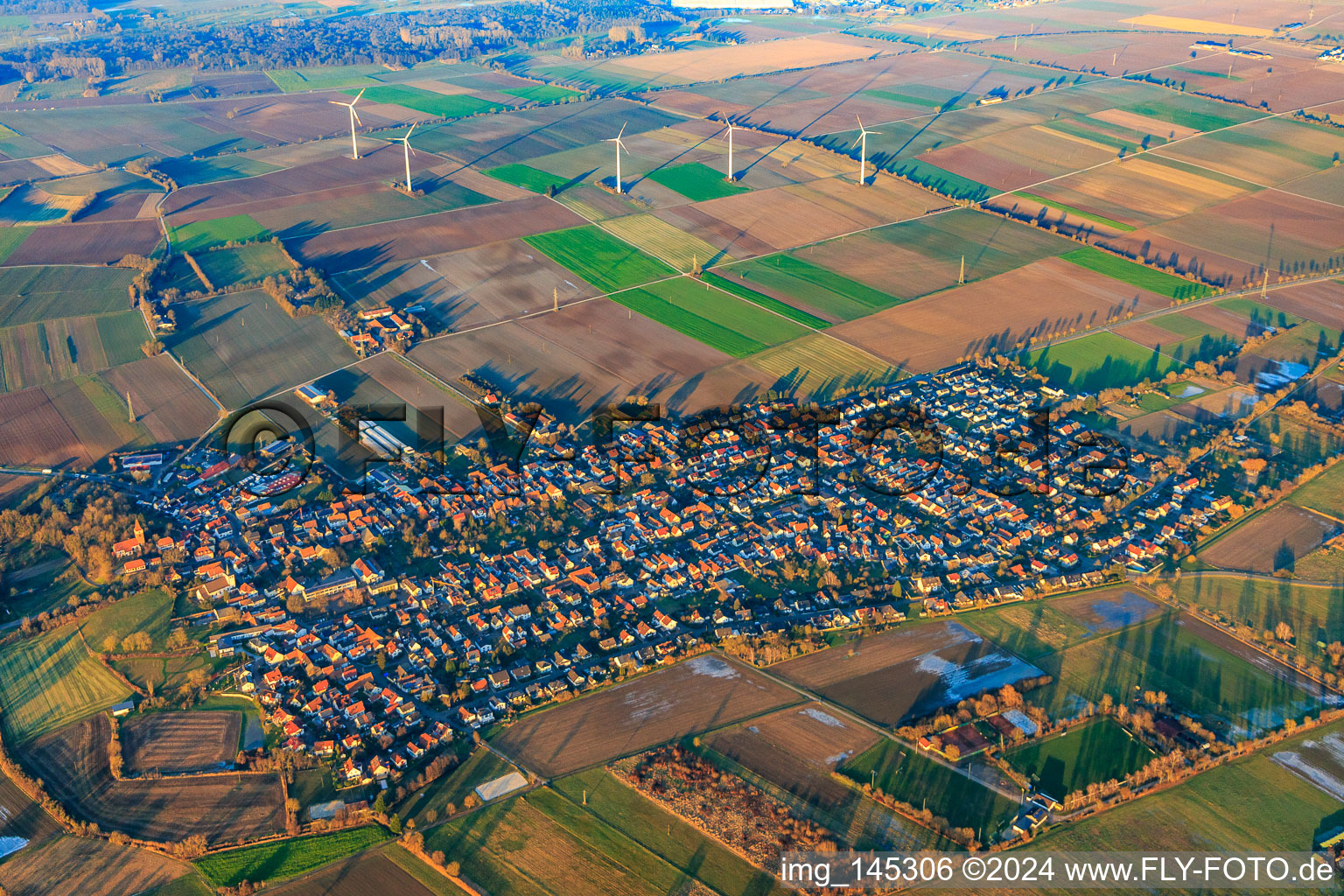 Aerial view of Wind farm in winter in Minfeld in the state Rhineland-Palatinate, Germany
