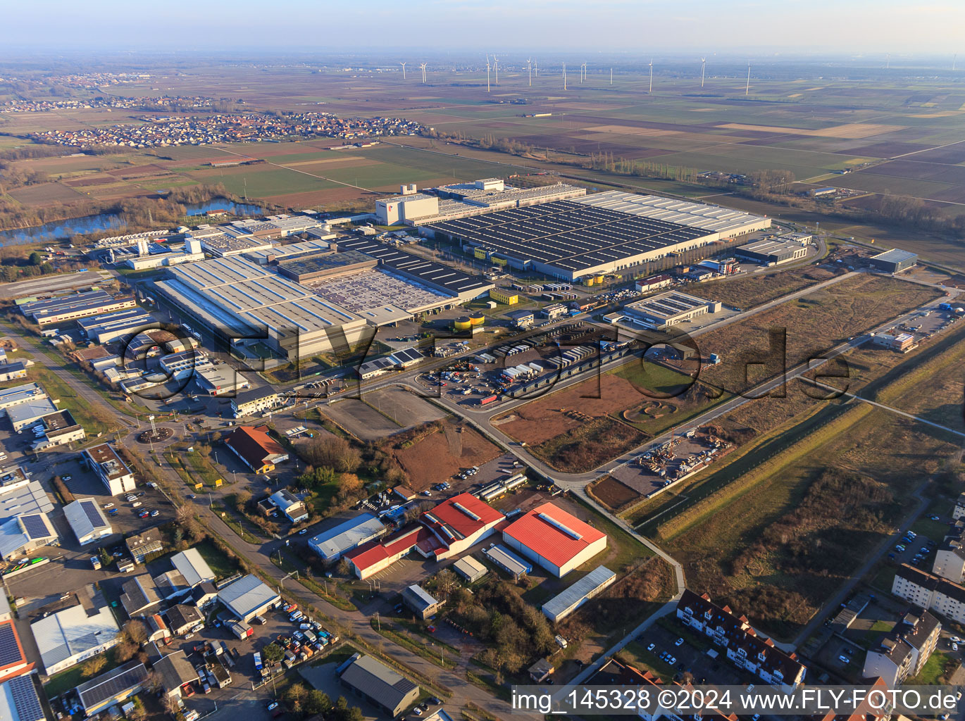 Aerial photograpy of Interpark industrial area from the northeast in Offenbach an der Queich in the state Rhineland-Palatinate, Germany