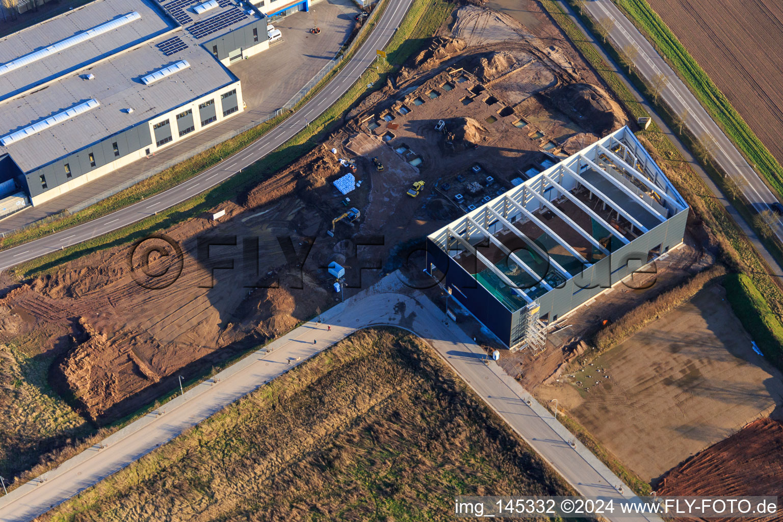 Aerial view of New building in Interpark in Offenbach an der Queich in the state Rhineland-Palatinate, Germany