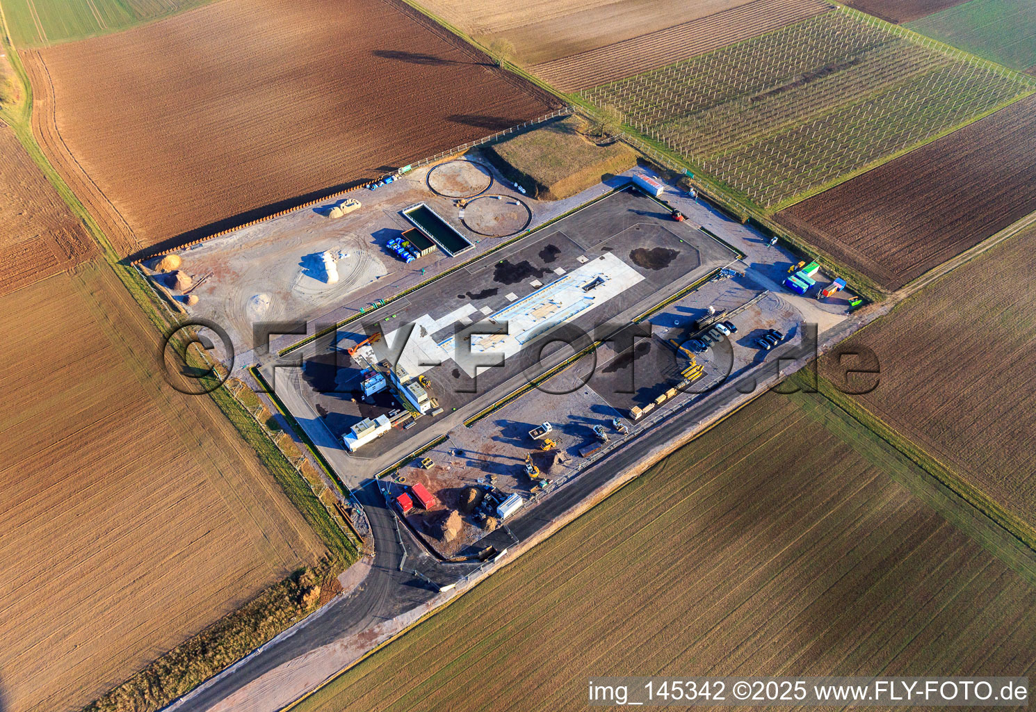 Aerial view of Construction site of the V20 deep drilling site of Vulcan Energy at Schleidberg for the extraction of geothermal energy and lithium in Insheim in the state Rhineland-Palatinate, Germany