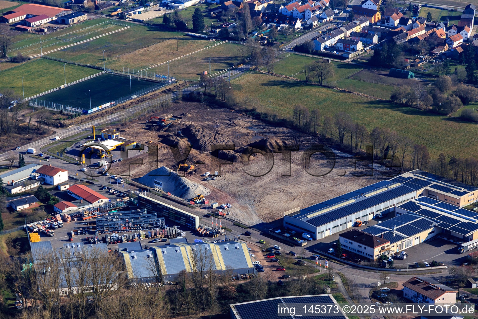 Construction site for the development of the new logistics park of HANSAINVEST and DFI-Real-Estate Kandel after demolition of the OBI market in the district Minderslachen in Kandel in the state Rhineland-Palatinate, Germany