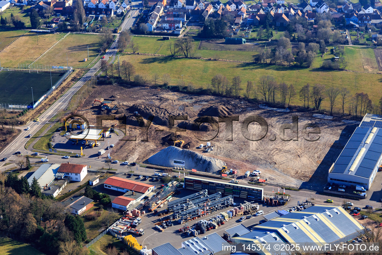 Aerial view of Construction site for the development of the new logistics park of HANSAINVEST and DFI-Real-Estate Kandel after demolition of the OBI market in the district Minderslachen in Kandel in the state Rhineland-Palatinate, Germany