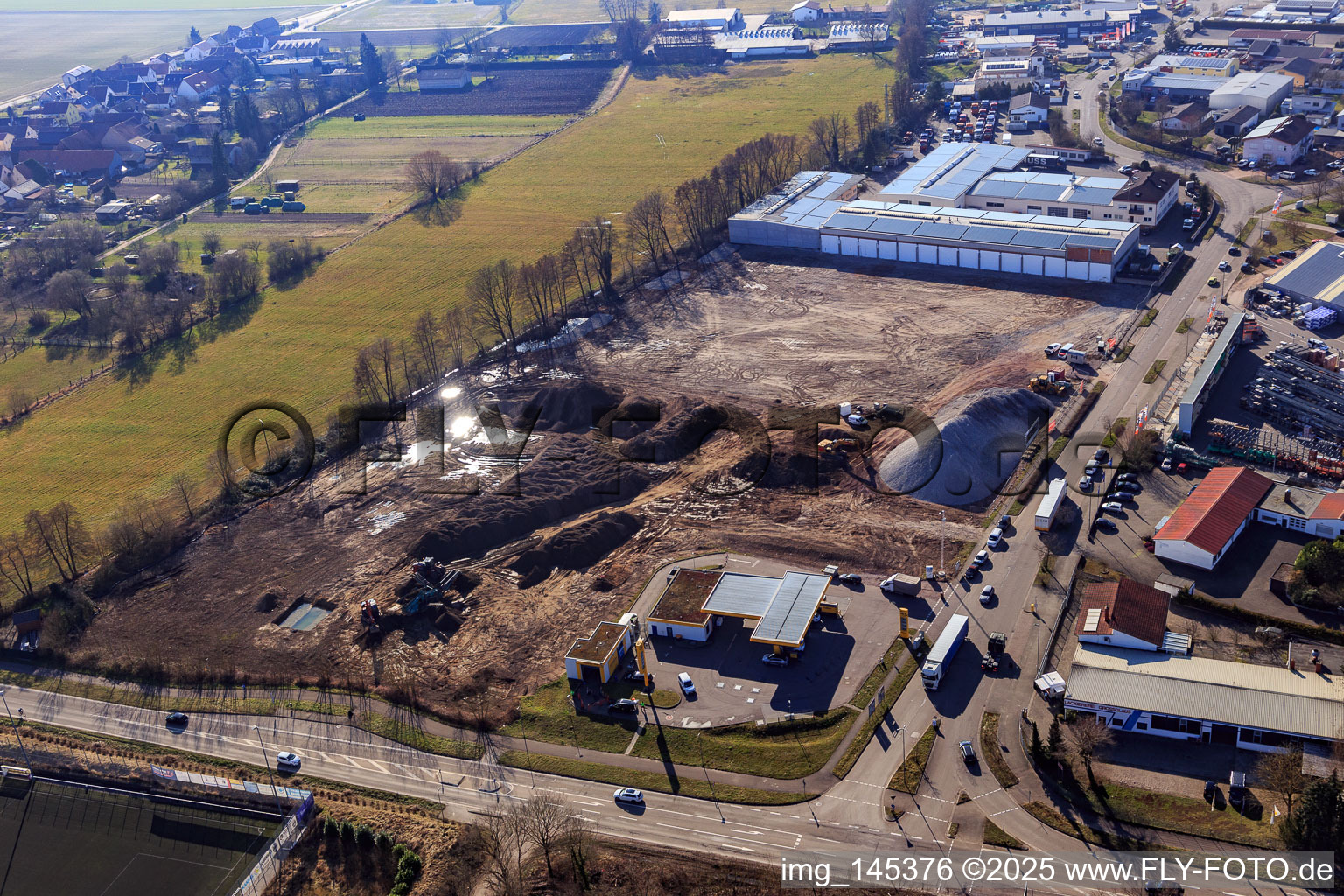Aerial photograpy of Construction site for the development of the new logistics park of HANSAINVEST and DFI-Real-Estate Kandel after demolition of the OBI market in the district Minderslachen in Kandel in the state Rhineland-Palatinate, Germany