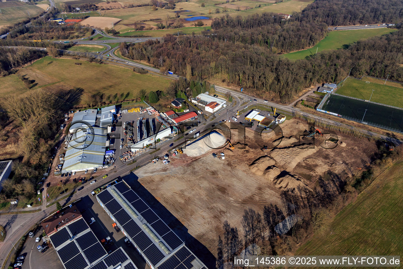 Construction site for the development of the new logistics park of HANSAINVEST and DFI-Real-Estate Kandel after demolition of the OBI market in the district Minderslachen in Kandel in the state Rhineland-Palatinate, Germany from above
