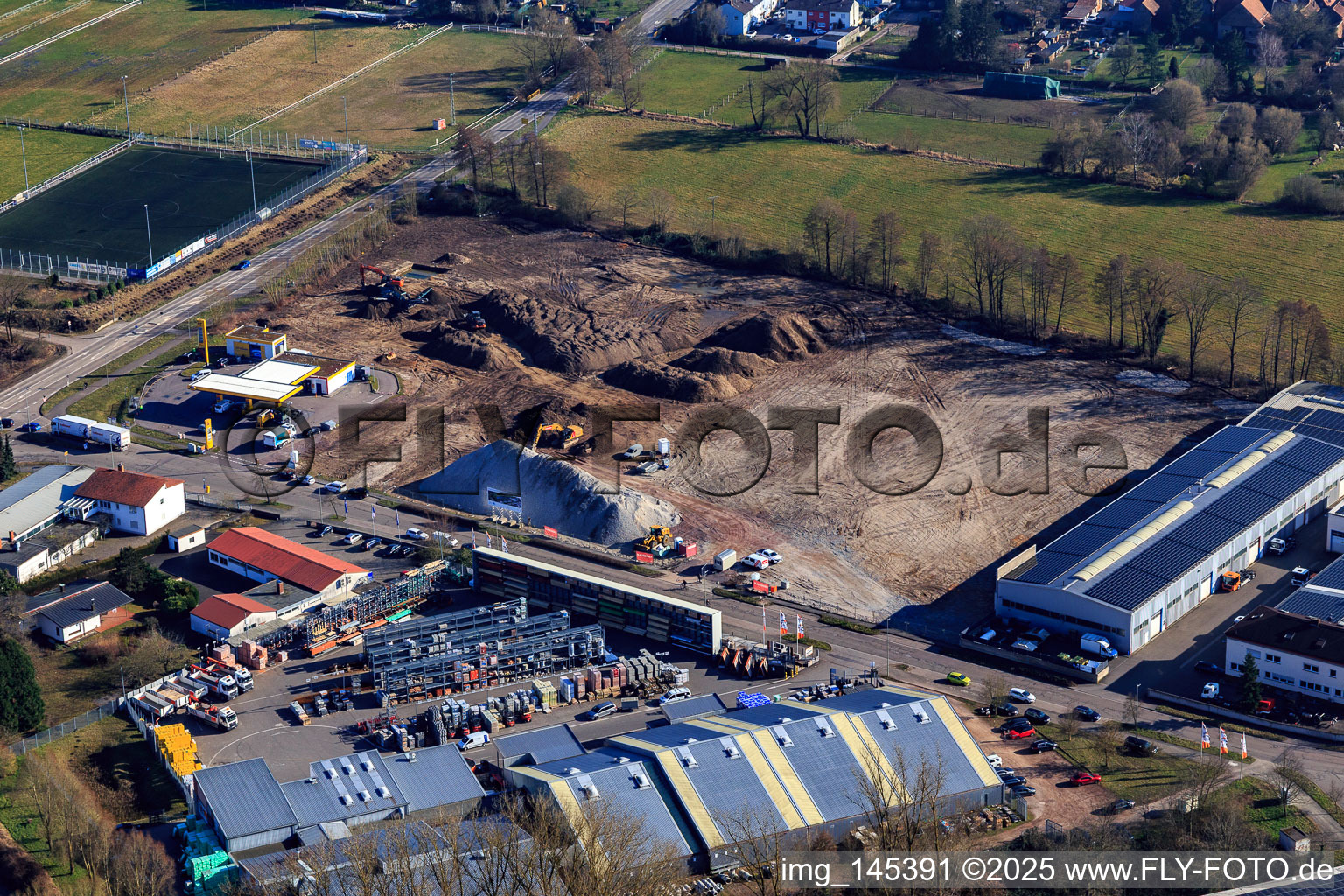 Aerial view of Construction site for the development of the new logistics park of HANSAINVEST and DFI-Real-Estate Kandel after demolition of the OBI market in Erlenbach bei Kandel in the state Rhineland-Palatinate, Germany