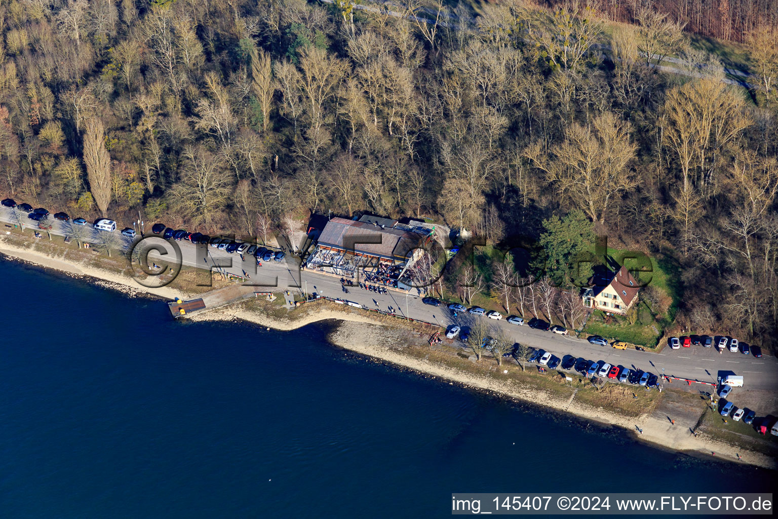 Landing stage of the Rhine ferry to Leimersheim and the Rheinblick restaurant in the district Leopoldshafen in Eggenstein-Leopoldshafen in the state Baden-Wuerttemberg, Germany