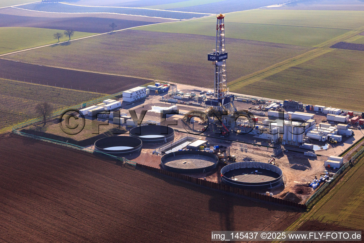 Aerial view of Drilling rig of the V20 deep drilling site of Vulcan Energy at Schleidberg for the extraction of geothermal energy and lithium in Insheim in the state Rhineland-Palatinate, Germany