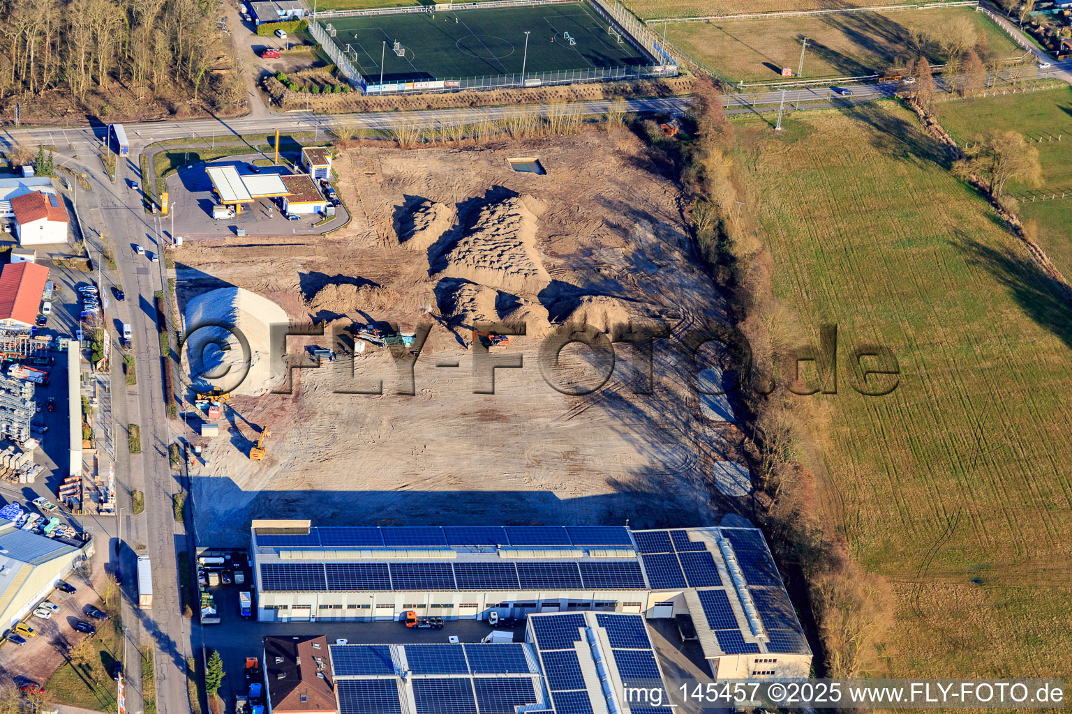 Construction site for the development of the new logistics park of HANSAINVEST and DFI-Real-Estate Kandel after demolition of the OBI market in the district Minderslachen in Kandel in the state Rhineland-Palatinate, Germany out of the air