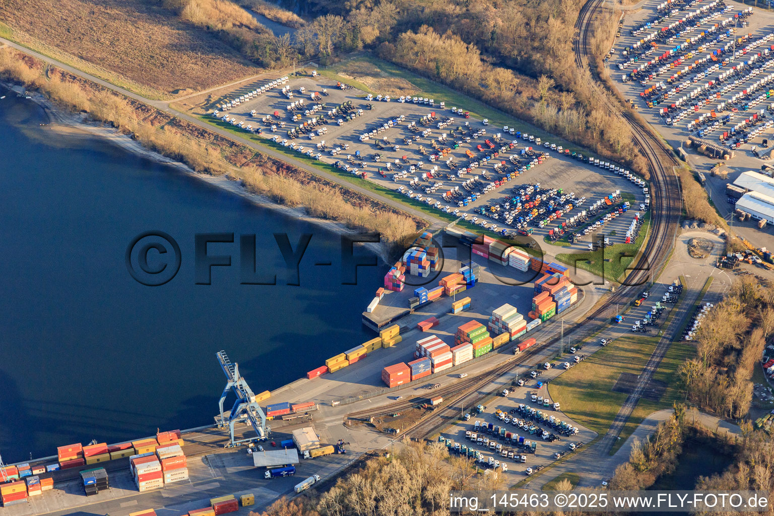 CONTARGO containers and truck storage area at the state port in the district Maximiliansau in Wörth am Rhein in the state Rhineland-Palatinate, Germany