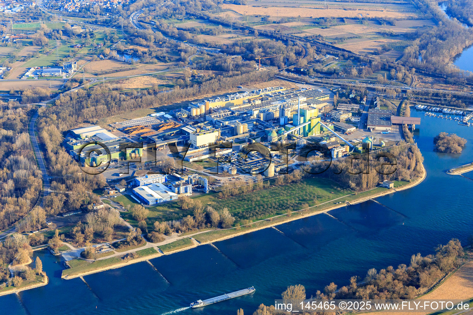 Maxauer Papierfabrik GmbH and Borregaard Deutschland GmbH on the banks of the Rhine from the northwest in the district Knielingen in Karlsruhe in the state Baden-Wuerttemberg, Germany