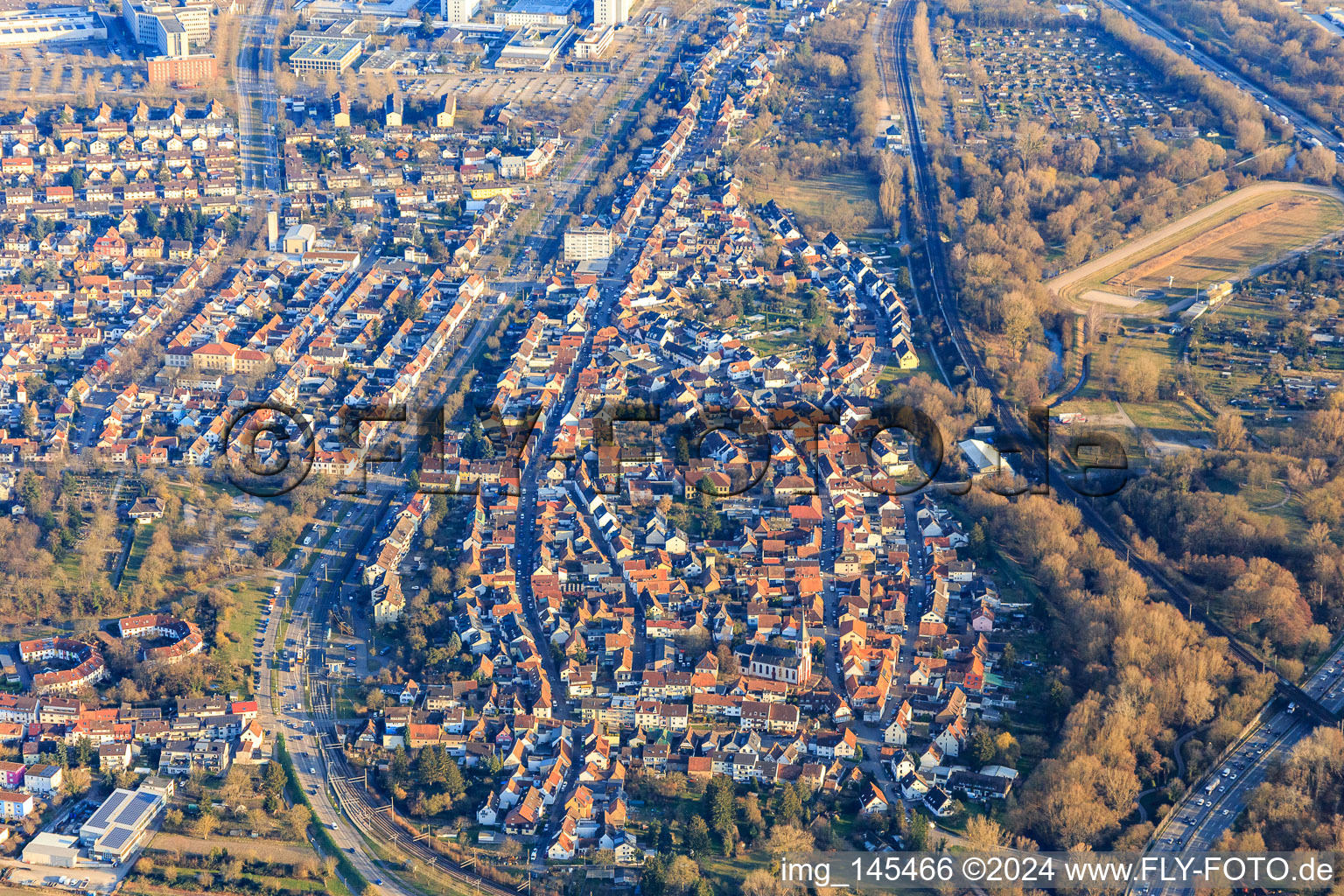 View of the town from the northeast in the district Knielingen in Karlsruhe in the state Baden-Wuerttemberg, Germany