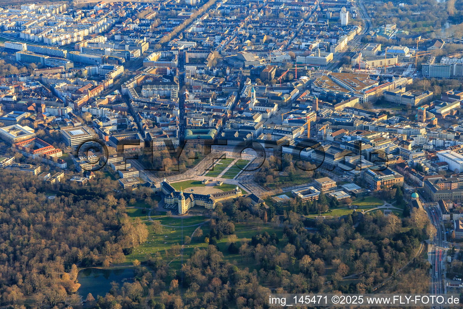 Castle garden and castle Karlsruhe from the north in the district Innenstadt-West in Karlsruhe in the state Baden-Wuerttemberg, Germany