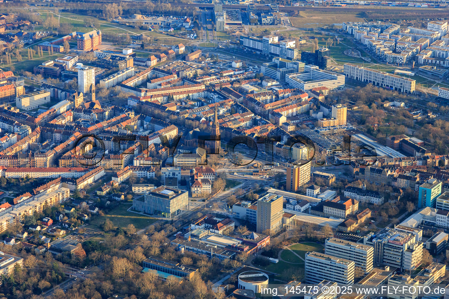 Durlach Gate from the north with St. Bernhard Church in the district Oststadt in Karlsruhe in the state Baden-Wuerttemberg, Germany