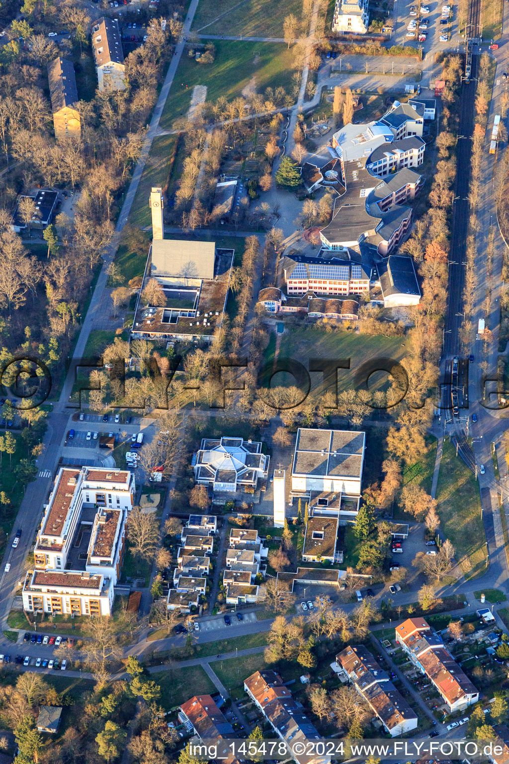 Catholic Church of St. Hedwig, Emmaus Church and Free Waldorf School Karlsruhe in the district Waldstadt in Karlsruhe in the state Baden-Wuerttemberg, Germany