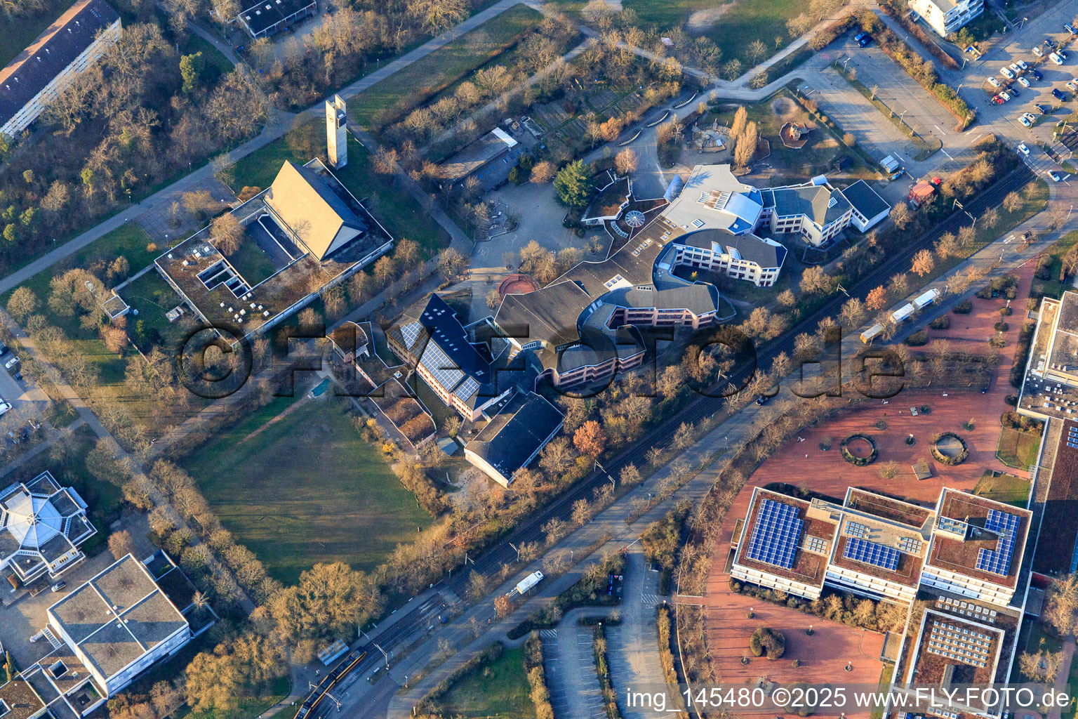 Emmaus Church, Otto Hahn High School and Free Waldorf School Karlsruhe in the district Waldstadt in Karlsruhe in the state Baden-Wuerttemberg, Germany