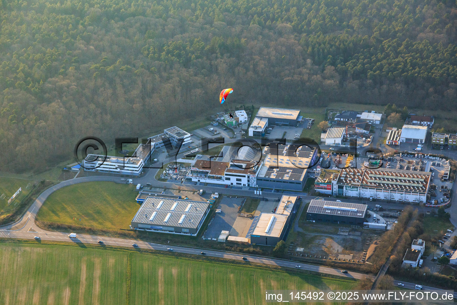 Helmholtzstraße industrial area with Hornung Baushop in the district Blankenloch in Stutensee in the state Baden-Wuerttemberg, Germany