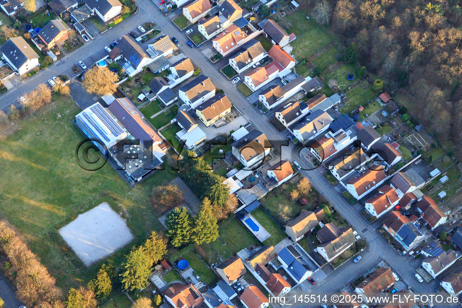 Aerial view of Jahnstraße Sudetenstr in the district Friedrichstal in Stutensee in the state Baden-Wuerttemberg, Germany