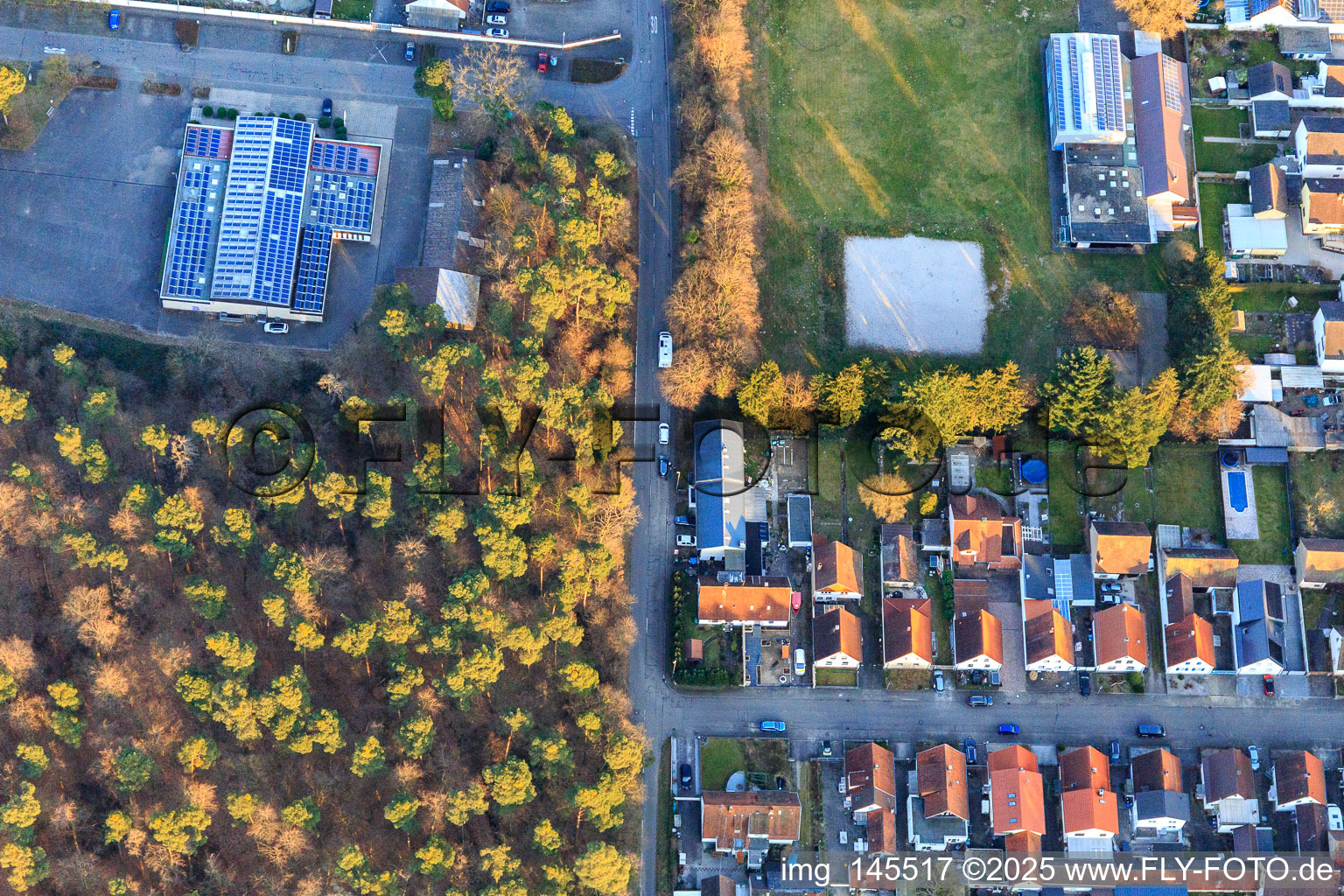 Aerial view of Singers' Hall and Gymnastics Club Friedrichstal 1899 eV in the district Friedrichstal in Stutensee in the state Baden-Wuerttemberg, Germany