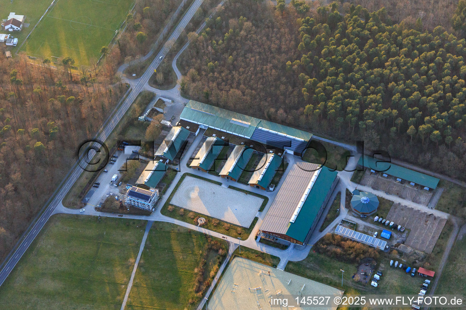 Aerial view of Hubertushof equestrian center in Linkenheim-Hochstetten in the state Baden-Wuerttemberg, Germany