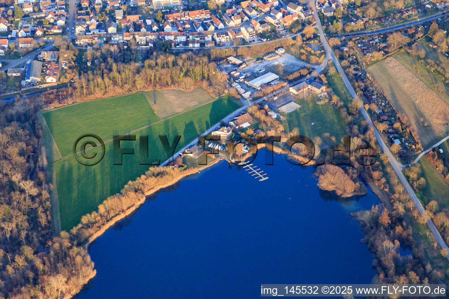 Boat dock at the Rohrköpfle quarry lake of the Surfclub Linkenheim and Sailing Club Linkenheim eV in the district Linkenheim in Linkenheim-Hochstetten in the state Baden-Wuerttemberg, Germany