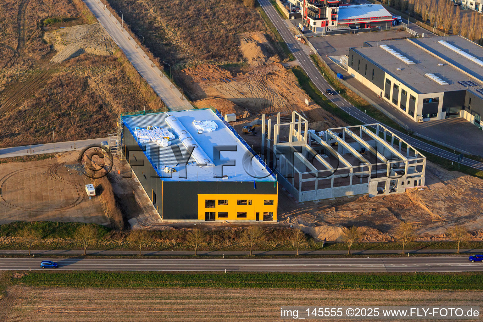 Aerial view of Construction site for EMUK GmbH machine tools in Offenbach an der Queich in the state Rhineland-Palatinate, Germany