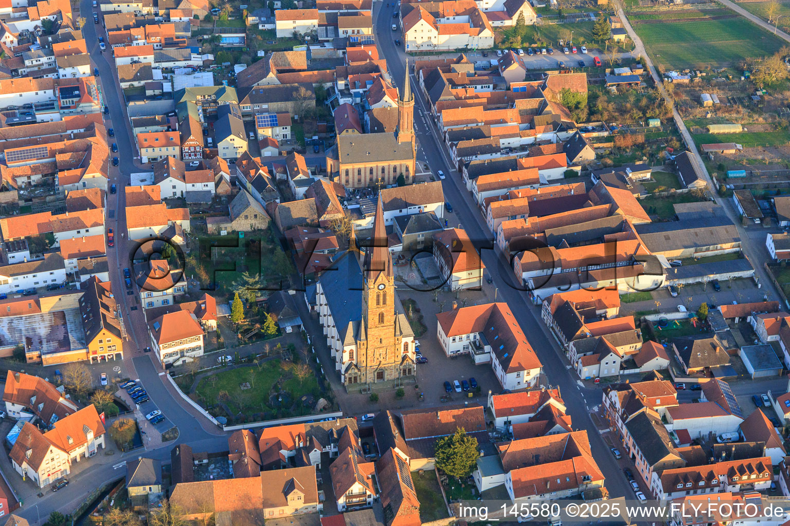 Catholic Church of St. Nicholas and Protestant Church Bellheim on Hauptstr in Bellheim in the state Rhineland-Palatinate, Germany