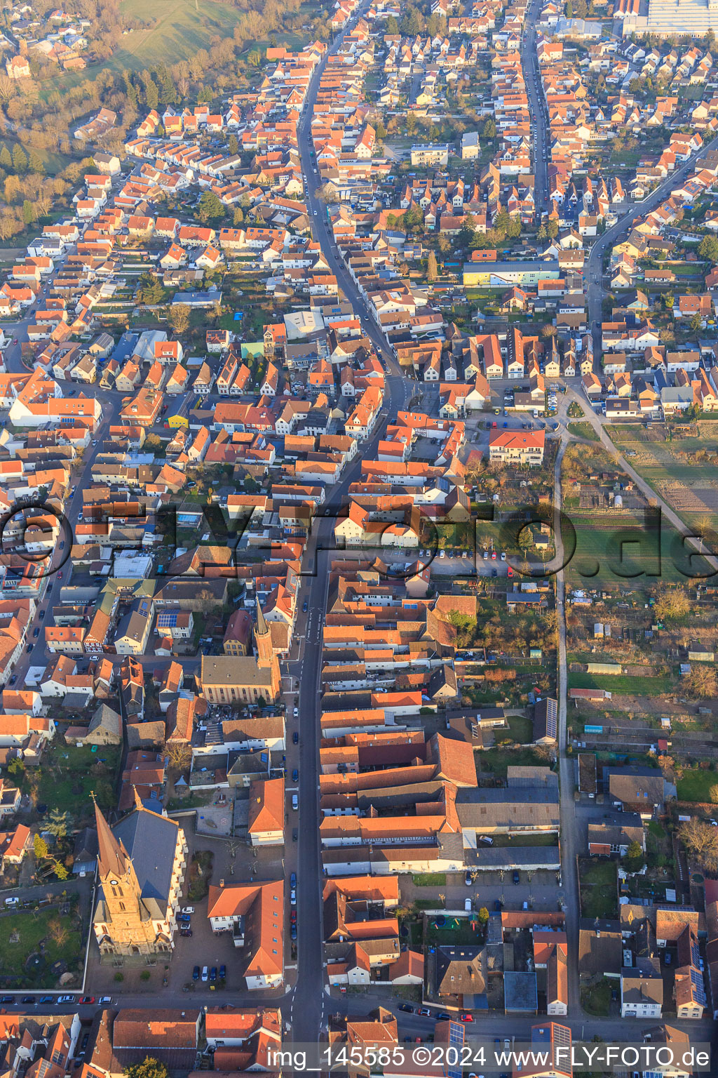 Aerial view of Main street from the west in Bellheim in the state Rhineland-Palatinate, Germany