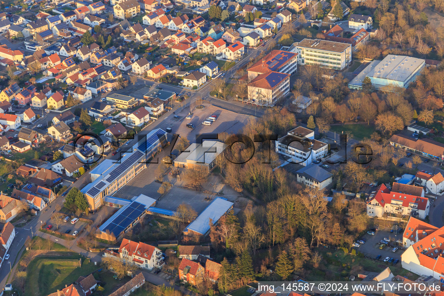 Town hall of the local community and the association of municipalities Bellheim, secondary school plus and primary school as well as Spiegelbachhalle in Bellheim in the state Rhineland-Palatinate, Germany