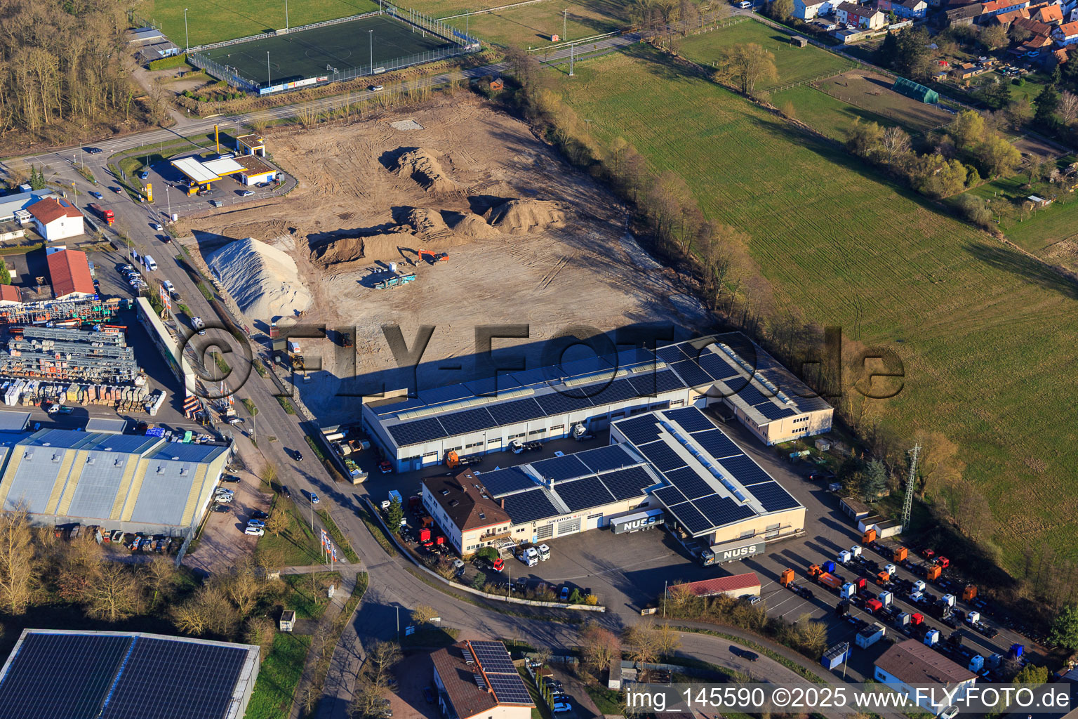 Bird's eye view of Construction site for the development of the new logistics park of HANSAINVEST and DFI-Real-Estate Kandel after demolition of the OBI market in the district Minderslachen in Kandel in the state Rhineland-Palatinate, Germany