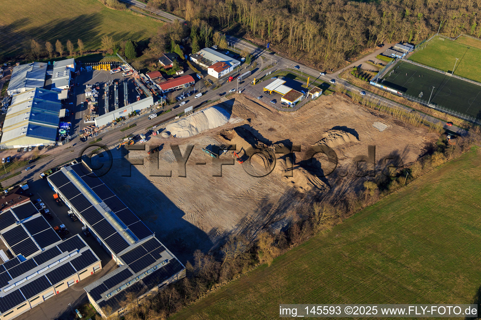 Drone recording of Construction site for the development of the new logistics park of HANSAINVEST and DFI-Real-Estate Kandel after demolition of the OBI market in the district Minderslachen in Kandel in the state Rhineland-Palatinate, Germany