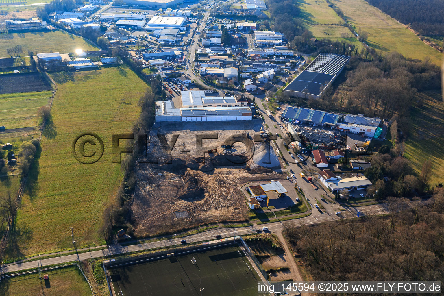 Drone image of Construction site for the development of the new logistics park of HANSAINVEST and DFI-Real-Estate Kandel after demolition of the OBI market in the district Minderslachen in Kandel in the state Rhineland-Palatinate, Germany