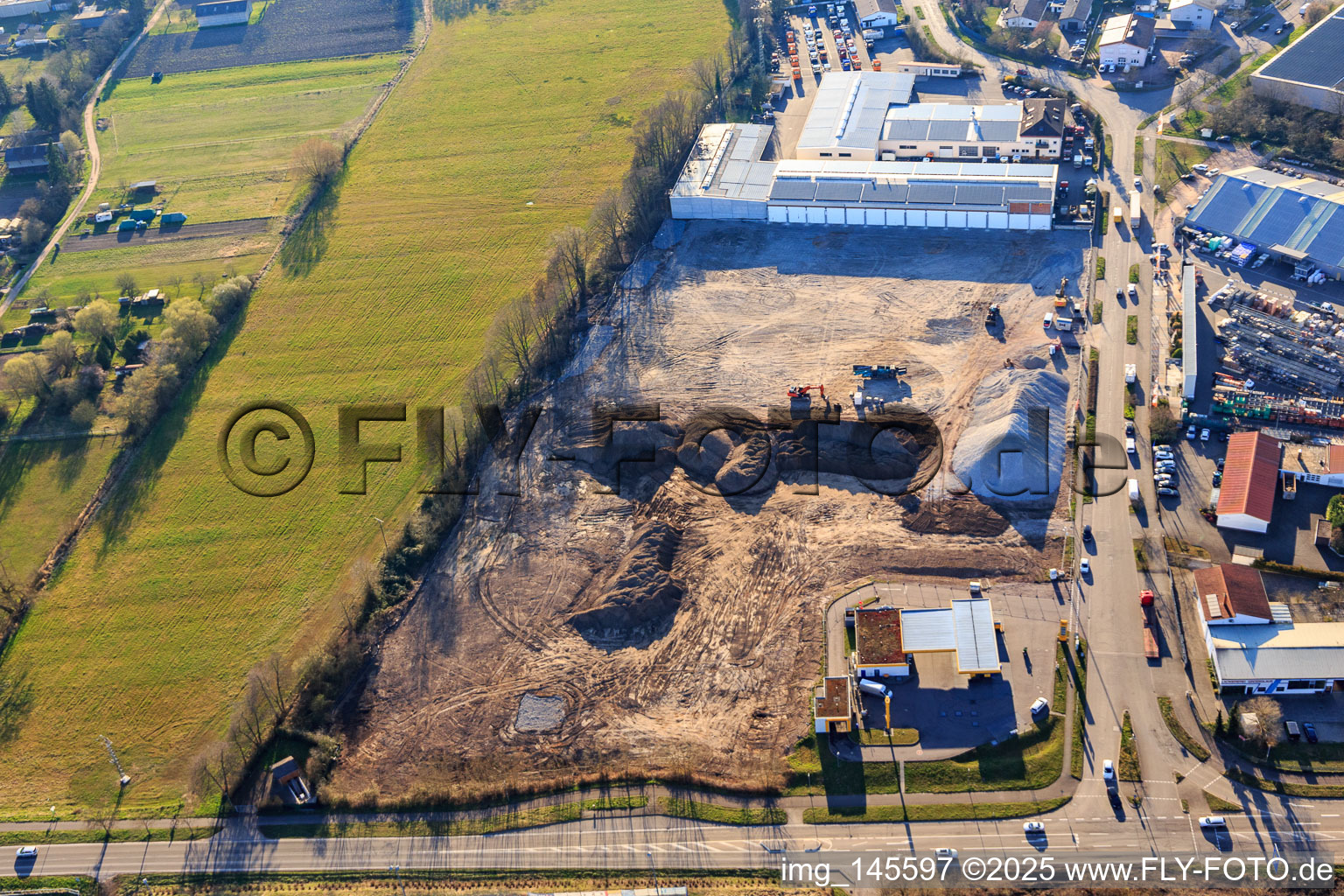 Construction site for the development of the new logistics park of HANSAINVEST and DFI-Real-Estate Kandel after demolition of the OBI market in the district Minderslachen in Kandel in the state Rhineland-Palatinate, Germany from a drone