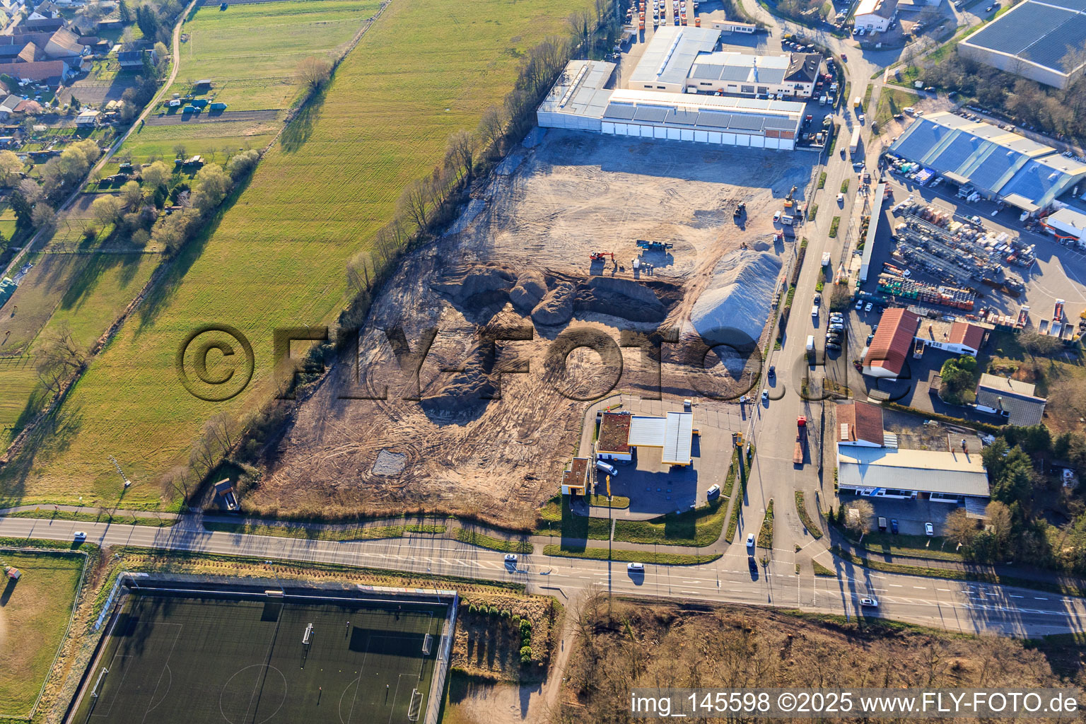 Construction site for the development of the new logistics park of HANSAINVEST and DFI-Real-Estate Kandel after demolition of the OBI market in the district Minderslachen in Kandel in the state Rhineland-Palatinate, Germany seen from a drone