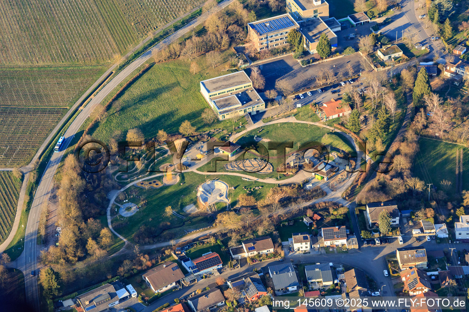 Aerial view of Alla-Hopp facility Ilbesheim at the Kleine Kalmit primary school in Ilbesheim bei Landau in the state Rhineland-Palatinate, Germany