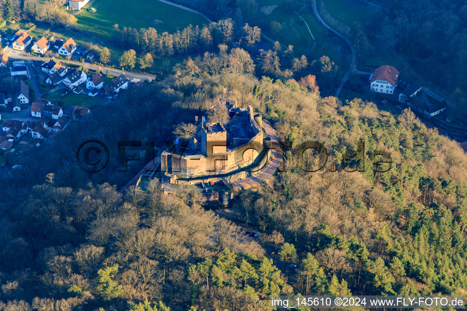 Brug Landeck in winter without snow in the evening from the west in Klingenmünster in the state Rhineland-Palatinate, Germany